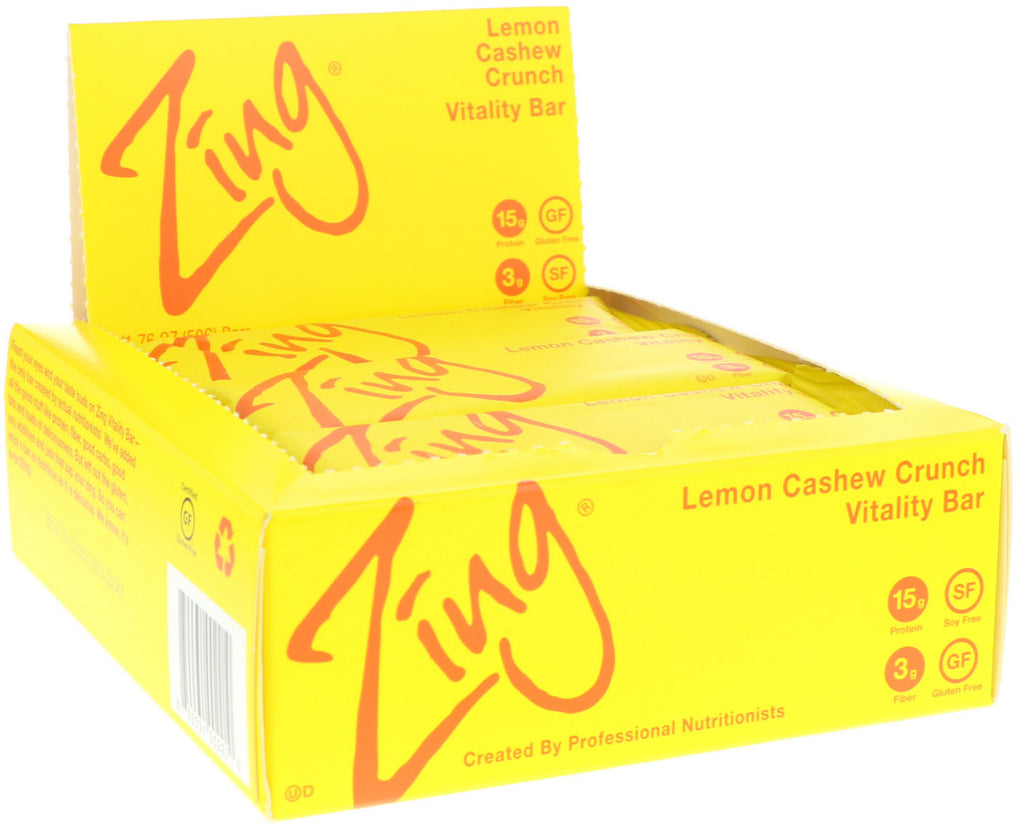 Zing Bars, لوح الحيوية، مقرمش بالكاجو والليمون، 12 لوحًا، 1.76 أونصة (50 جم) لكل لوح