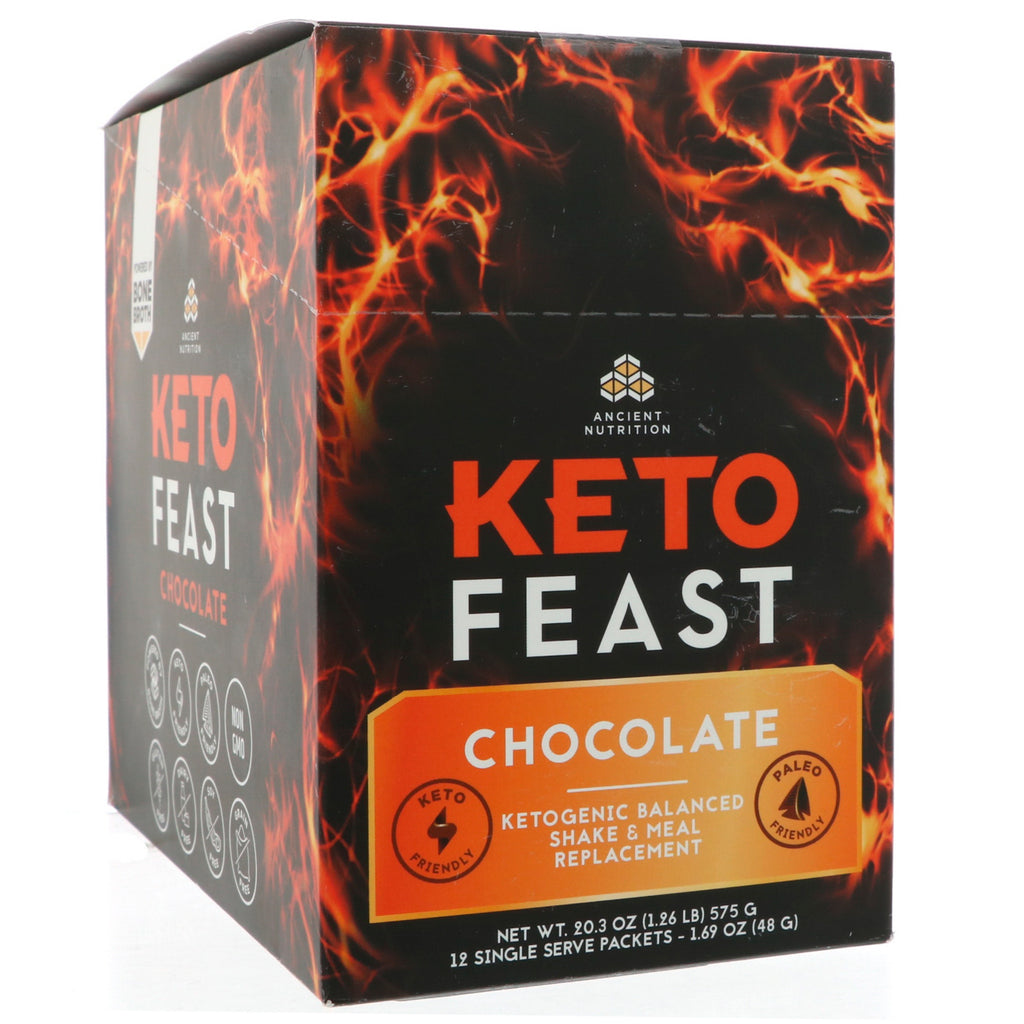Dr. Axe / תזונה עתיקה, Keto Feast, שייק מאוזן קטוגני והחלפת ארוחה, שוקולד, 12 מנות מנה בודדת, 1.69 אונקיות (48 גרם) כל אחת