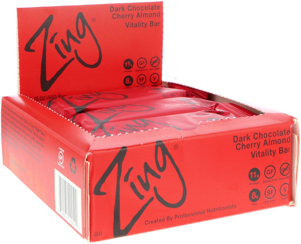 Zing Bars, Vitality Bar, mørk chokolade kirsebærmandel, 12 barer, 1,76 oz (50 g) hver