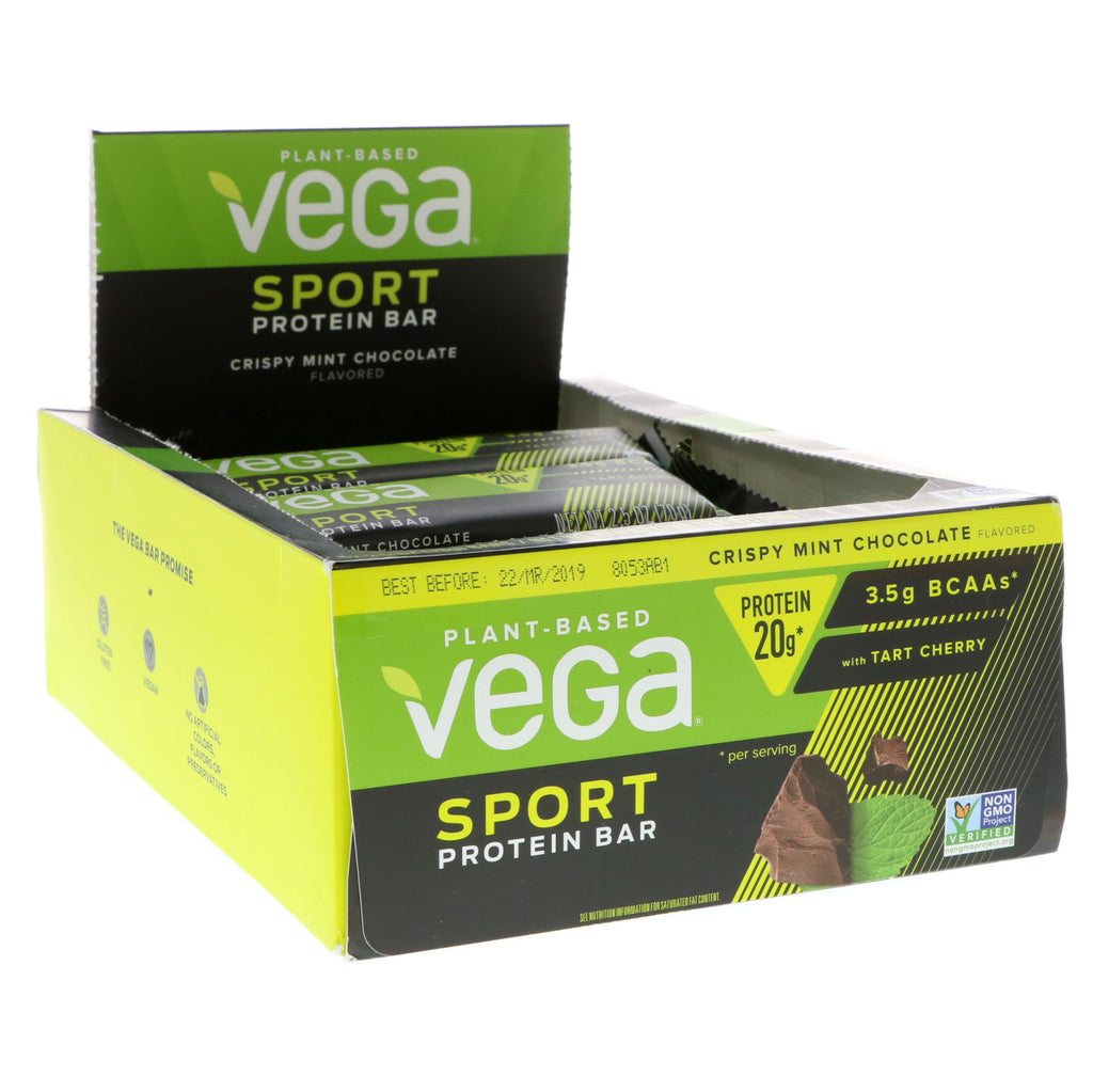 Vega, Sport, Barre protéinée, Chocolat croustillant à la menthe, 12 barres, 2,5 oz (70 g) chacune