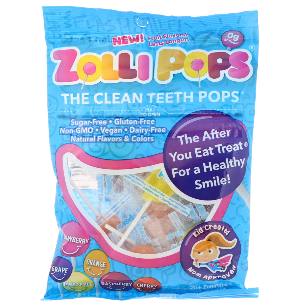 Zollipops The Clean Teeth Pops Truskawka Pomarańcza Malina Wiśnia Winogrono Ananas 25+ ZolliPops 5,2 oz