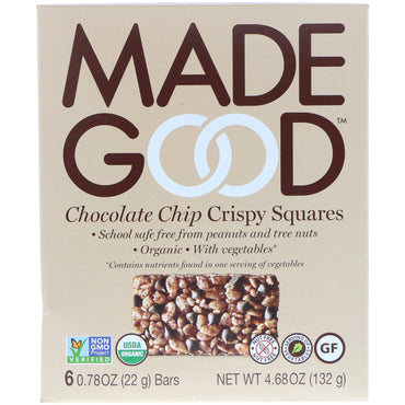MadeGood, carrés croustillants, pépites de chocolat, 6 barres, 0,78 oz (22 g) chacune