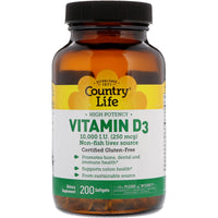 Country Life, Vitamin D3, High Potency, 10,000 I.U., 200 Softgels