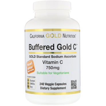 California Gold Nutrition, Bufret Guld C, ikke-surt C-vitamin, Natriumascorbat, 750 mg, 240 Veggie-kapsler