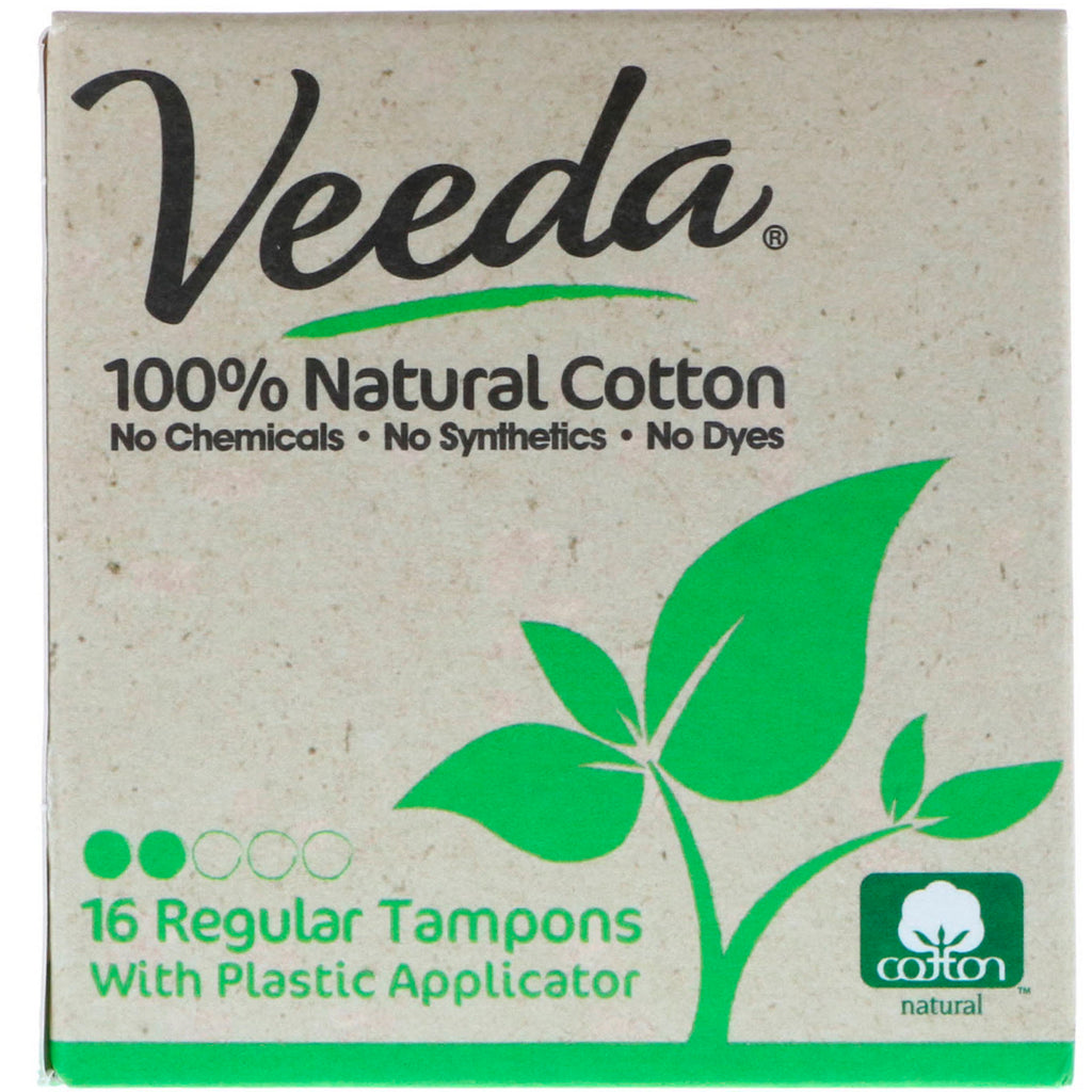 Veeda, プラスチック アプリケーター付き 100% 天然コットン タンポン、レギュラー、16 タンポン