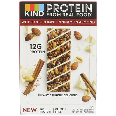 KIND Bars, ألواح البروتين، شوكولاتة بيضاء بالقرفة واللوز، 12 قطعة، 1.76 أونصة (50 جم) لكل قطعة