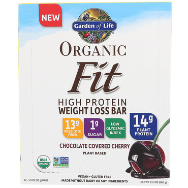 Garden of Life, Fit, barra para bajar de peso con alto contenido de proteínas, cereza cubierta de chocolate, 12 barras, 55 g (1,9 oz) cada una