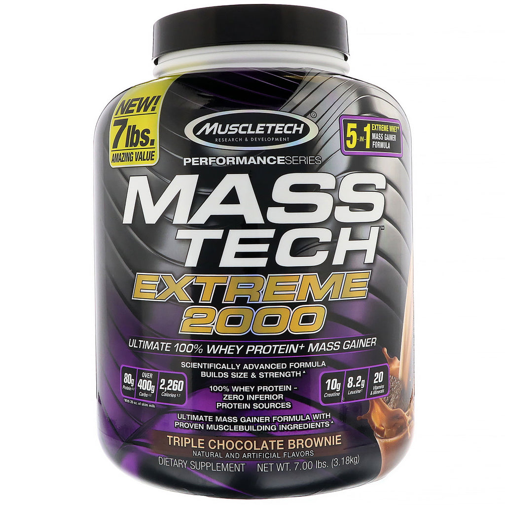 Muscletech, Mass Tech Extreme 2000, 트리플 초콜릿 브라우니, 3.18kg(7.00lb)
