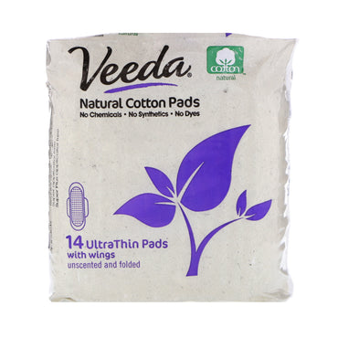 Veeda, tampons en coton naturel avec ailes, ultra fins, 14 tampons