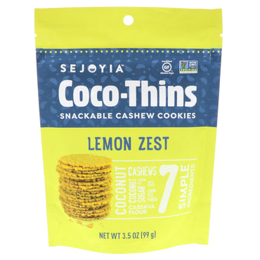 Sejoyia Foods, Coco-Thins, galletas de anacardo para picar, ralladura de limón, 3,5 oz (99 g)