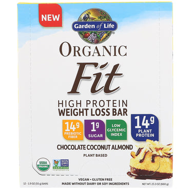Garden of Life, Fit, barra para bajar de peso con alto contenido de proteínas, chocolate, coco y almendras, 12 barras, 1,9 oz (55 g) cada una