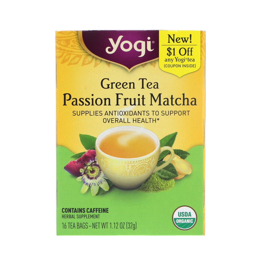 תה יוגי, תה ירוק, Passion Fruit Matcha, 16 שקיות תה, 1.12 אונקיות (32 גרם)
