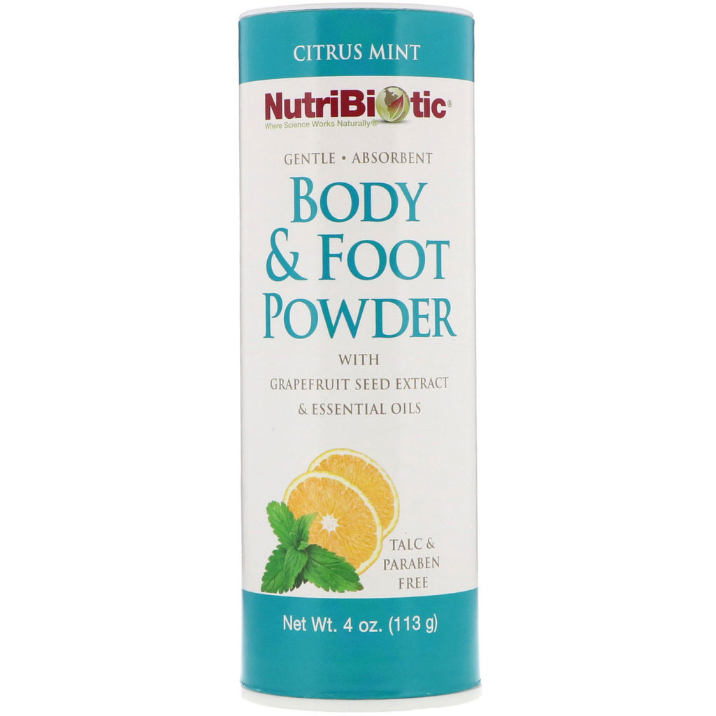 NutriBiotic, krops- og fodpulver med grapefrugtfrøekstrakt og æteriske olier, citrusmynte, 4 oz (113 g)
