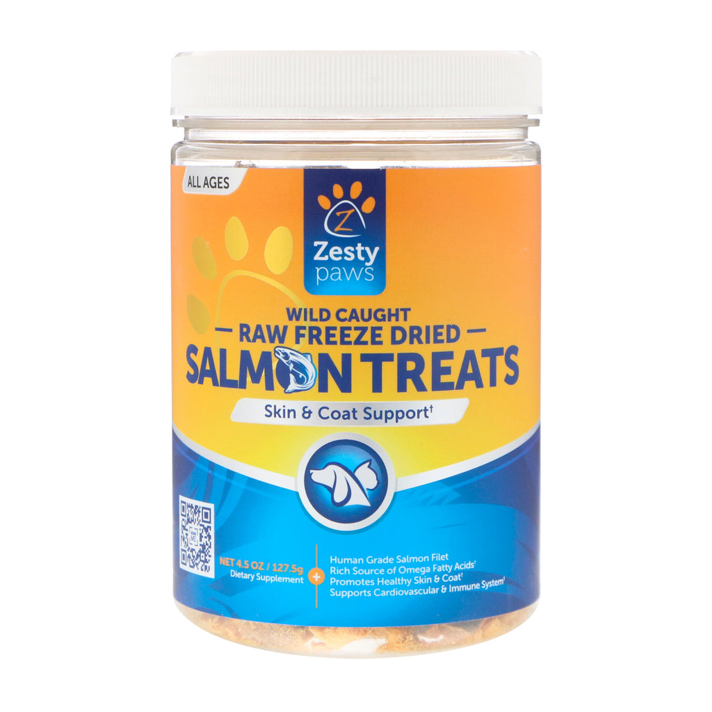 Zesty Paws ขนมปลาแซลมอนสำหรับสุนัขและแมว จับจากธรรมชาติ แห้งแบบฟรีซดราย ทุกวัย 4.5 ออนซ์ (127.5 ก.)