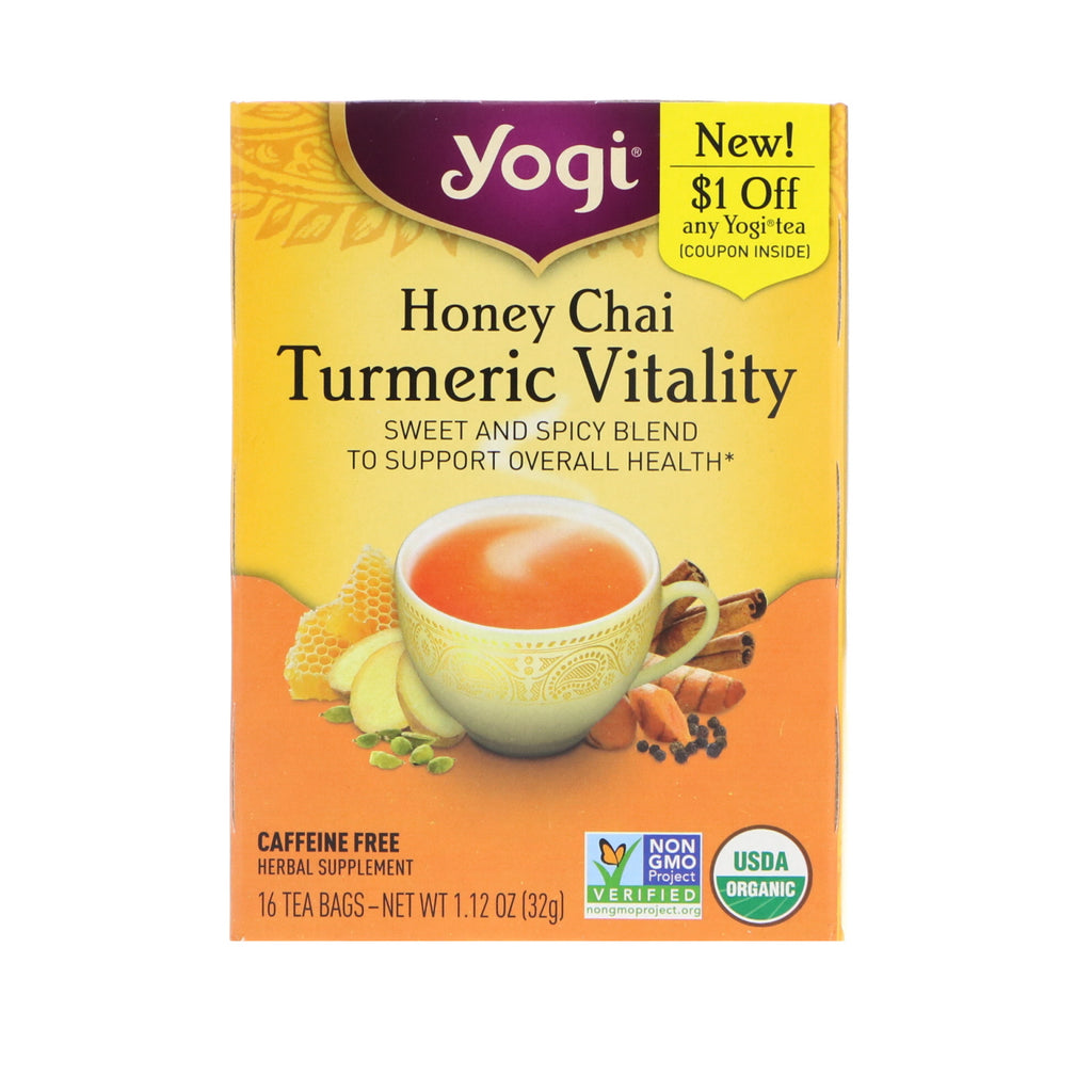 Yogi-te, Honey Chai, Gurkmeja Vitality, 16 tepåsar, 1,12 oz (32 g)