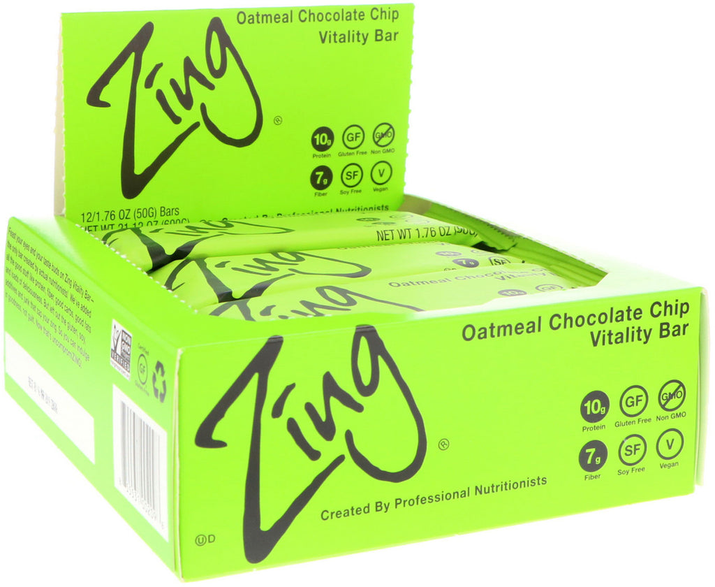 Zing Bars, Vitality Bar, havregrynsjokoladechips, 12 barer, 1,76 oz (50 g) hver