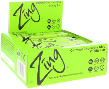 Zing Bars, لوح الحيوية، رقائق شوكولاتة الشوفان، 12 قطعة، 1.76 أونصة (50 جم) لكل قطعة