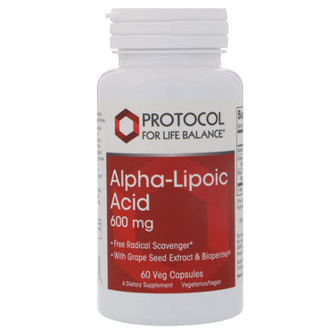 Protocol voor levensbalans, alfa-liponzuur, 600 mg, 60 plantaardige capsules