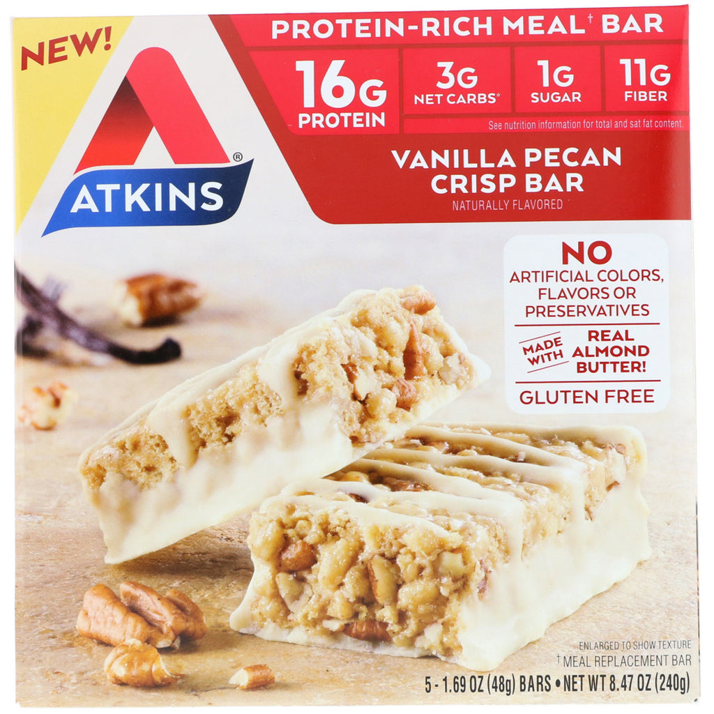 Atkins, Meal Bar, Vanilla Pecan Crisp Bar, 5 batonów, 1,69 uncji (48 g) każdy