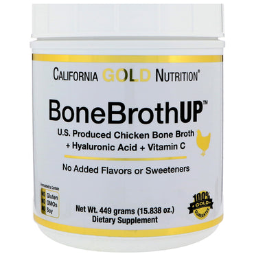 California Gold Nutrition, Bone Broth Up Protein, Chicken Bone Bouillon, met hyaluronzuur, vitamine C, 15.838 oz (449 g)