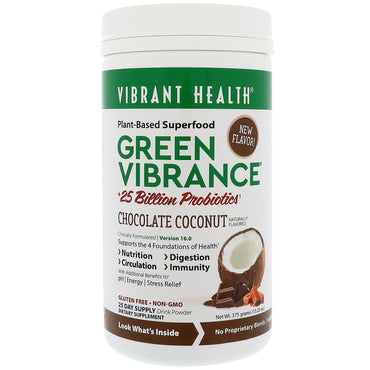 בריאות תוססת, Green Vibrance +25 מיליארד פרוביוטיקה, גרסה 16.0, קוקוס שוקולד, 13.23 אונקיות (375 גרם)