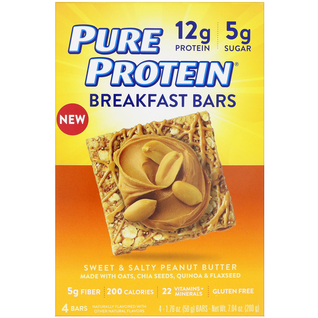 Proteine ​​pure, batoane pentru micul dejun, unt de arahide dulce și sărat, 4 batoane, 1,76 oz (50 g) fiecare