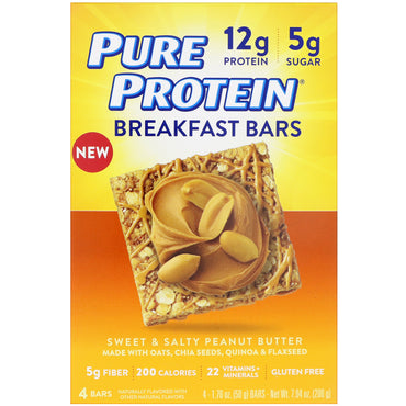 Protéines pures, barres de petit-déjeuner, beurre de cacahuète sucré et salé, 4 barres, 1,76 oz (50 g) chacune