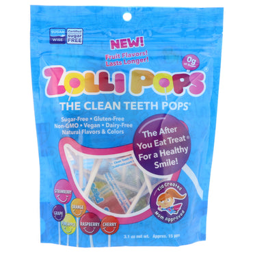 Zollipops The Clean Teeth Pops Fresa Naranja Frambuesa Cereza Uva Piña Aprox. 15 paletas 3.1 oz