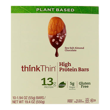 ThinkThin, ألواح عالية البروتين، شوكولاتة باللوز وملح البحر، 10 ألواح، 1.94 أونصة (55 جم) لكل قطعة