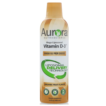 Aurora Nutrascience, vitamina D3 mega-lipozomală, aromă de fructe, 9000 UI, 16 fl oz (480 ml)