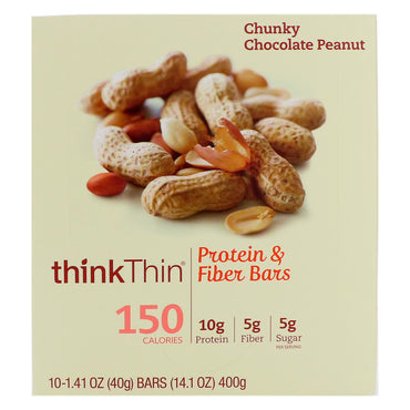 ThinkThin Protein & Fiber Bars Chunky Chocolate Peanut 10 Bars 1.41 oz (40 g) Each
