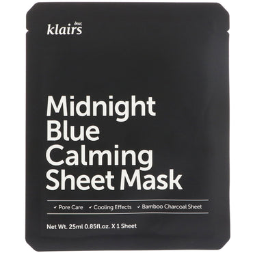 Kjære, Klairs, Midnight Blue Calming Sheet Mask, 1 maske, 0,85 fl oz (25 ml)