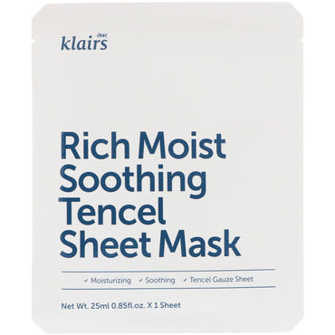 Dear, Klairs, Masque en tissu Tencel apaisant et riche, 1 masque, 0,85 fl oz (25 ml)