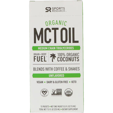 Sports Research,  MCT Oil, Unflavored, 15 Packets, 0.5 fl oz (15 ml) Each