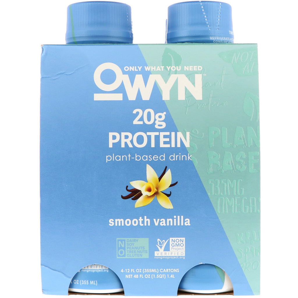 OWYN, protein plantebasert shake, glatt vanilje, 4 shakes, 12 fl oz (355 ml) hver