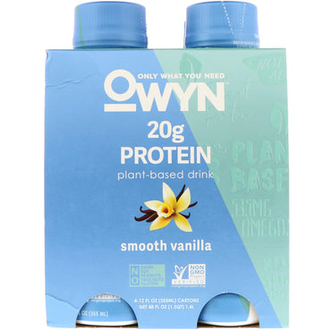 OWYN, שייק על בסיס צמחי חלבון, וניל חלק, 4 שייקים, 355 מ"ל כל אחד