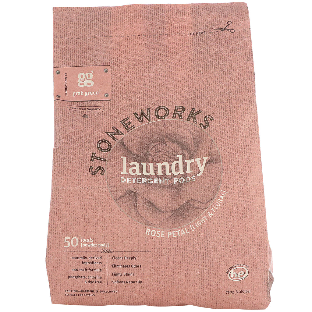 GrabGreen, Stoneworks, Detergente en cápsulas para ropa, Pétalo de rosa, 50 cargas, 750 g (1,65 lb)