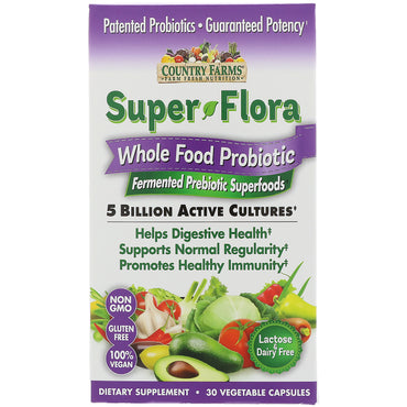 Country Farms, Super Flora, probiótico de alimentos integrales, superalimentos prebióticos fermentados, 30 cápsulas vegetales