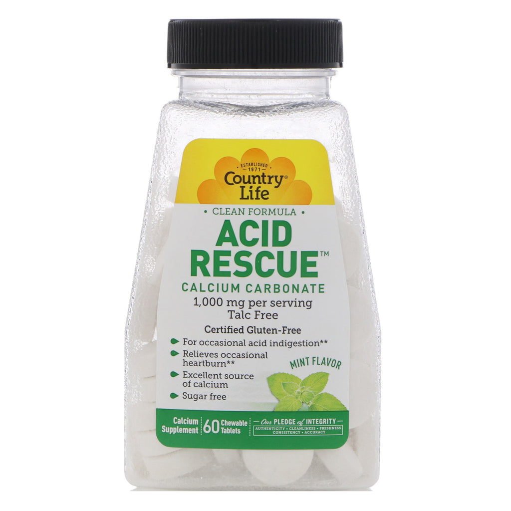 Viața la țară, Acid Rescue, carbonat de calciu, aromă de mentă, 1.000 mg, 60 de tablete masticabile
