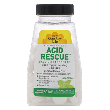 Country Life, Acid Rescue, Calcium Carbonate, Mint Flavor, 1.000 mg, 60 tyggetabletter