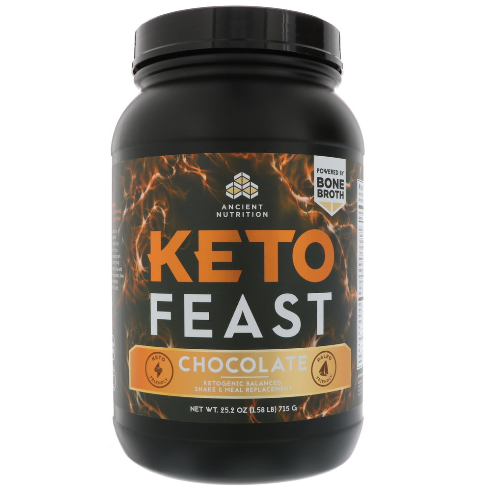 Dr. Axe / Ancient Nutrition, Keto Feast, Shake echilibrat ketogenic și înlocuitor de masă, ciocolată, 25,2 oz (715 g)