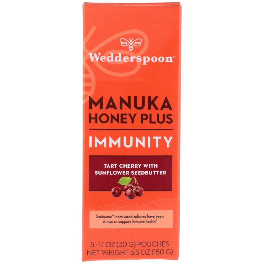 Wedderspoon, Manuka Honey Plus, immuniteit, zure kers met zonnebloemzaadboter, 5 zakjes, elk 30 g