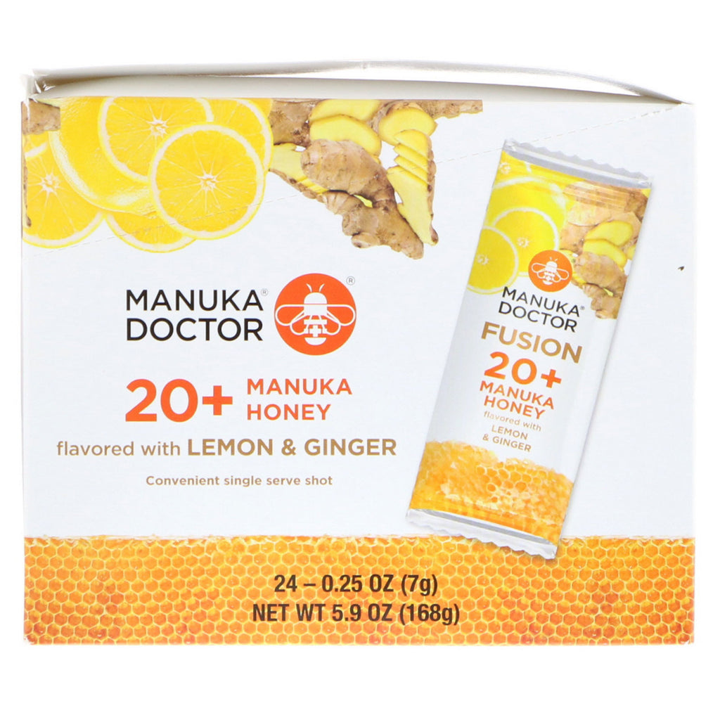 Manuka Doctor, Fusion 20+ Manuka-honing, op smaak gebracht met citroen en gember, 24 zakjes, elk 0,25 oz (7 g)