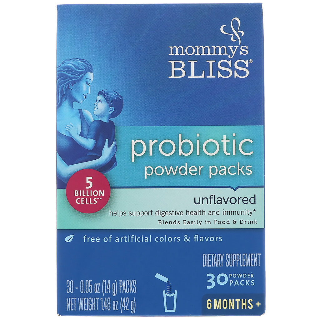 Mommy's Bliss, pachete cu pudră probiotică, fără arome, 6 luni +, 30 pachete cu pudră, 0,05 oz (1,4 g) fiecare