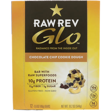 Raw Revolution, Glo, Chocolate Chip Cookie Dough, 12 barer, 1,6 oz (46 g) hver