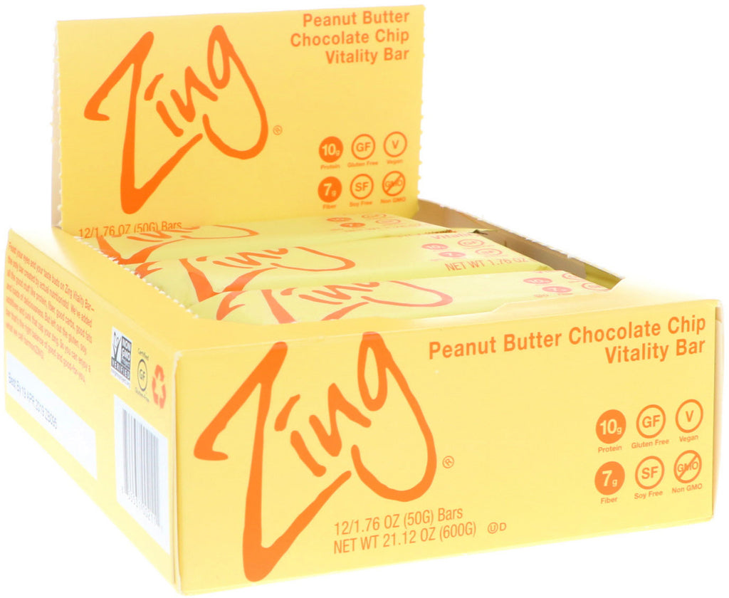 Zing Bars, Vitality Bar, Peanut Butter Chocolate Chip, 12 Barer, 1,76 oz (50 g) hver