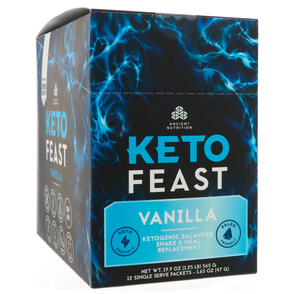 Dr. Axe / Ancient Nutrition, Keto Feast, Ketogenic Balanced Shake & Meal Replacement, Vanilje, 12 enkeltserveringspakker, 1,65 oz (47 g) hver