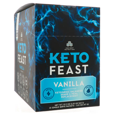 Dr. Axe / Ancient Nutrition, Keto Feast, ketogener, ausgewogener Shake und Mahlzeitenersatz, Vanille, 12 Einzelportionspackungen, je 1,65 oz (47 g).