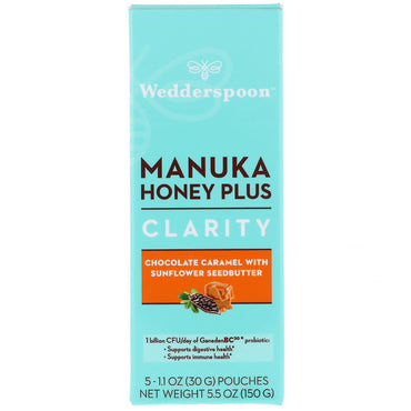 Wedderspoon, Manuka Honey Plus, Clarity, Chokladkaramell med solrosfrösmör, 5 påsar, 30 g vardera