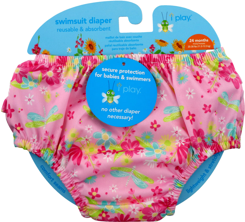 iPlay Inc., Swimsuit Diaper, Reusable & Absorbent, 24 Months, Light Pink Dragonfly, 1 Diaper